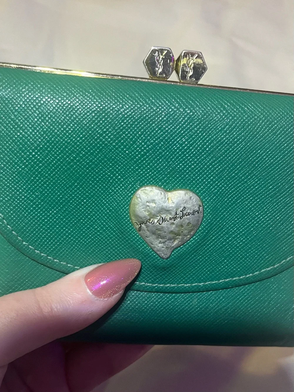 Authentic Yves Saint Laurent Teal Textured Leather Wallet with Heart Emblem - Picture 8 of 11